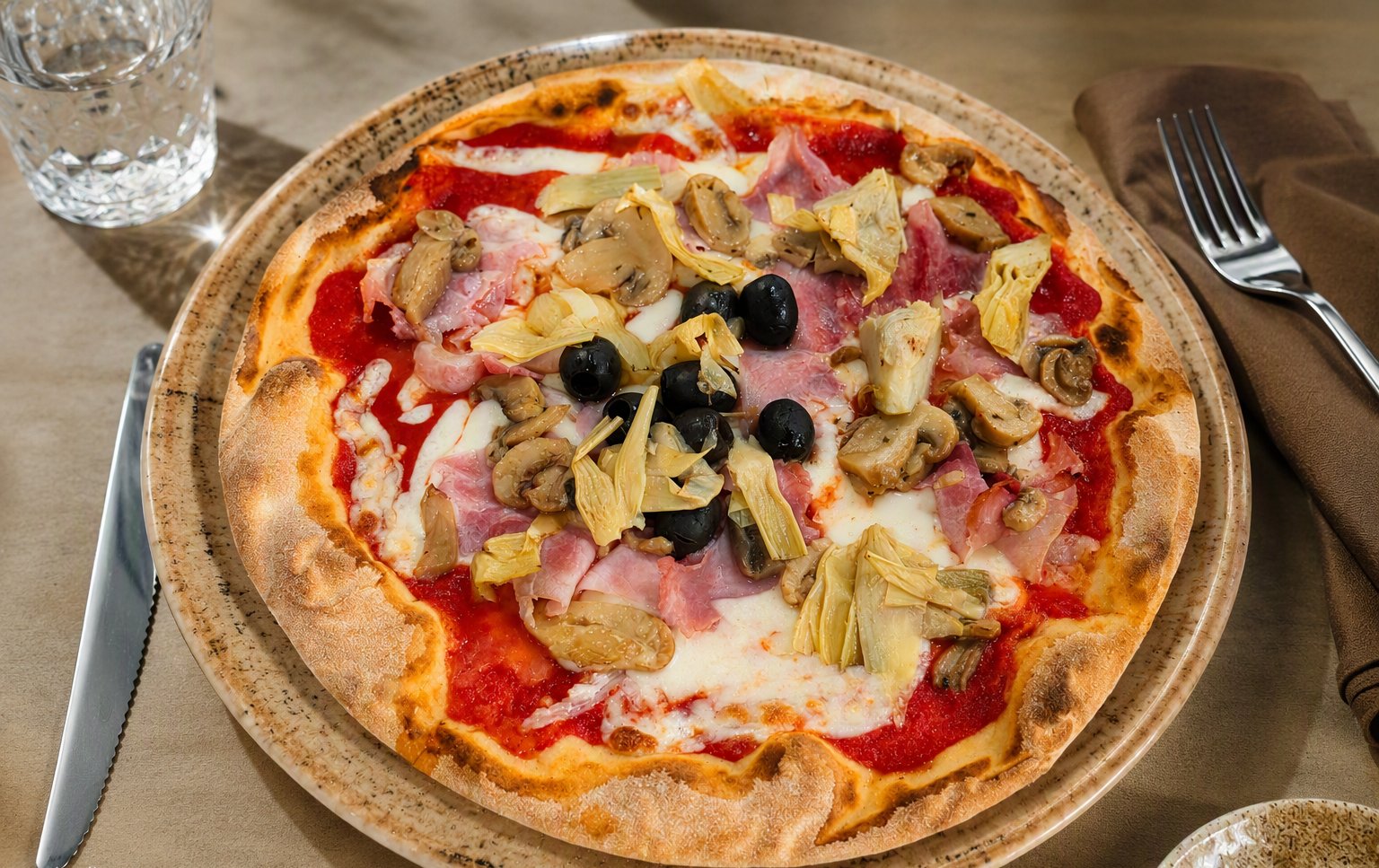 Pizza con prosciutto, funghi e olive